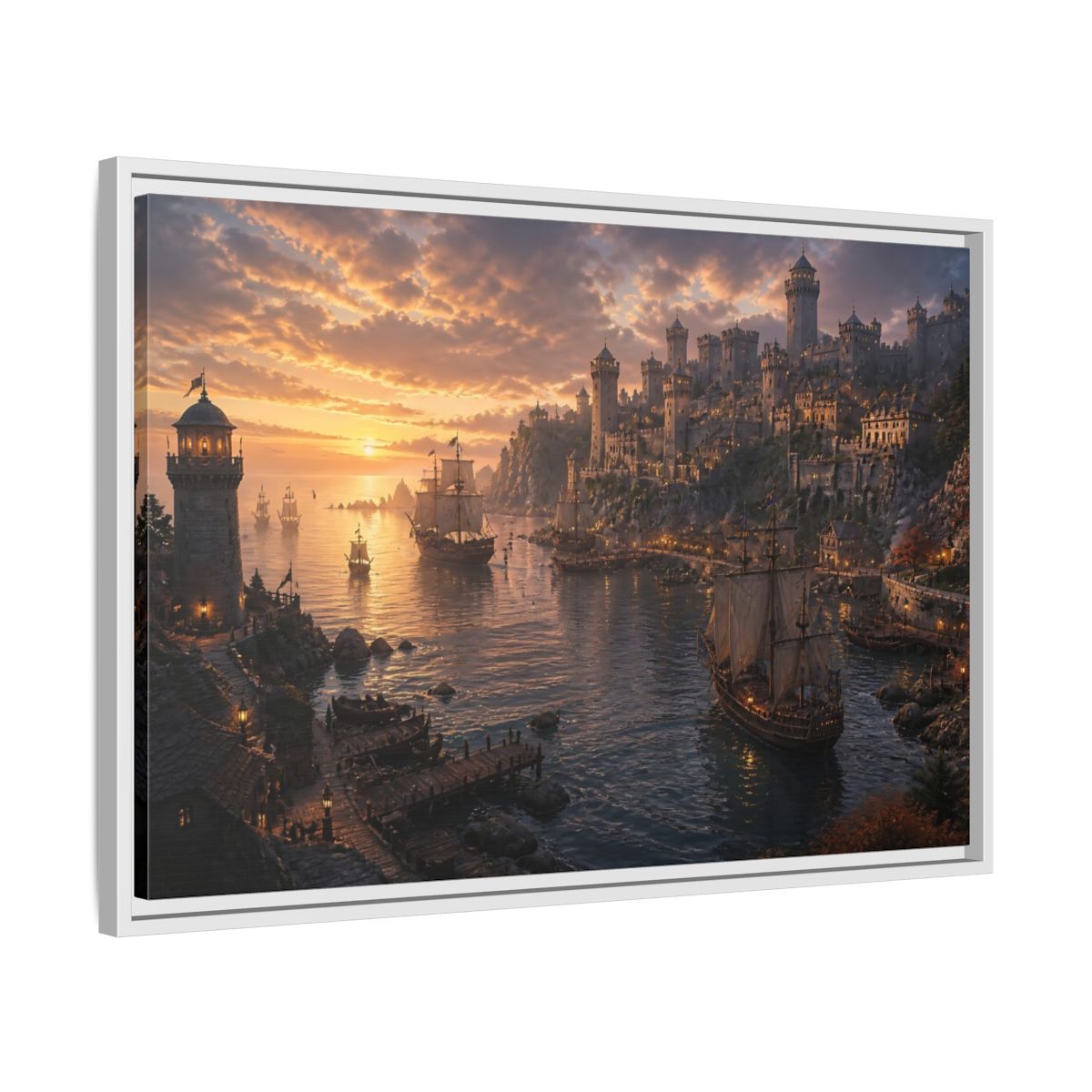 Side Mockup 10. Sunset Castle Harbor shown as framed canvas print