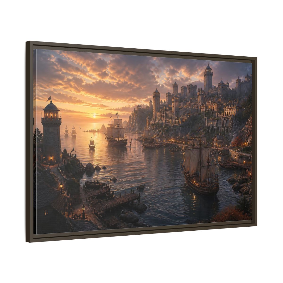 Main Mockup. Sunset Castle Harbor shown as framed canvas print