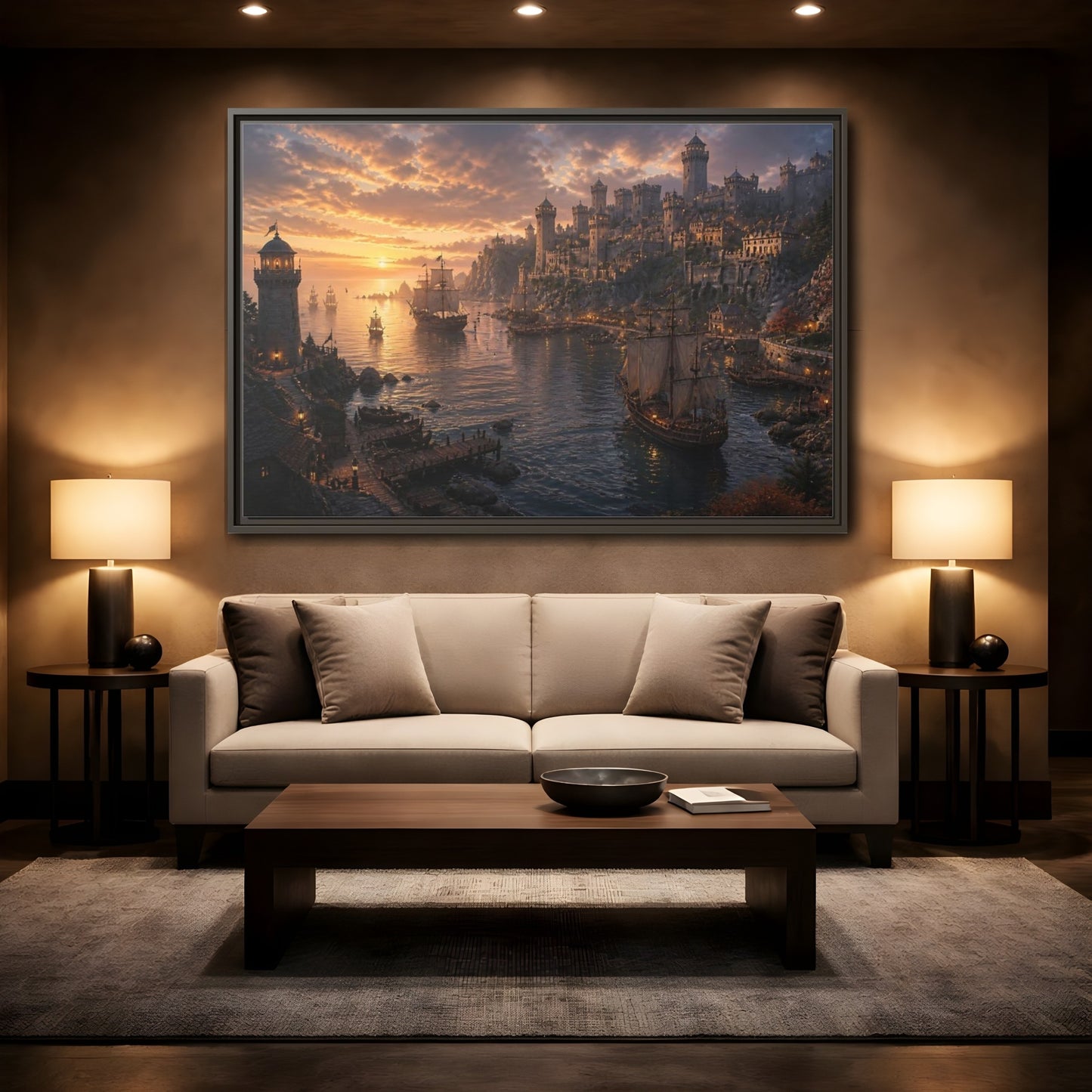 Mockup 2. Sunset Castle Harbor shown as framed canvas print