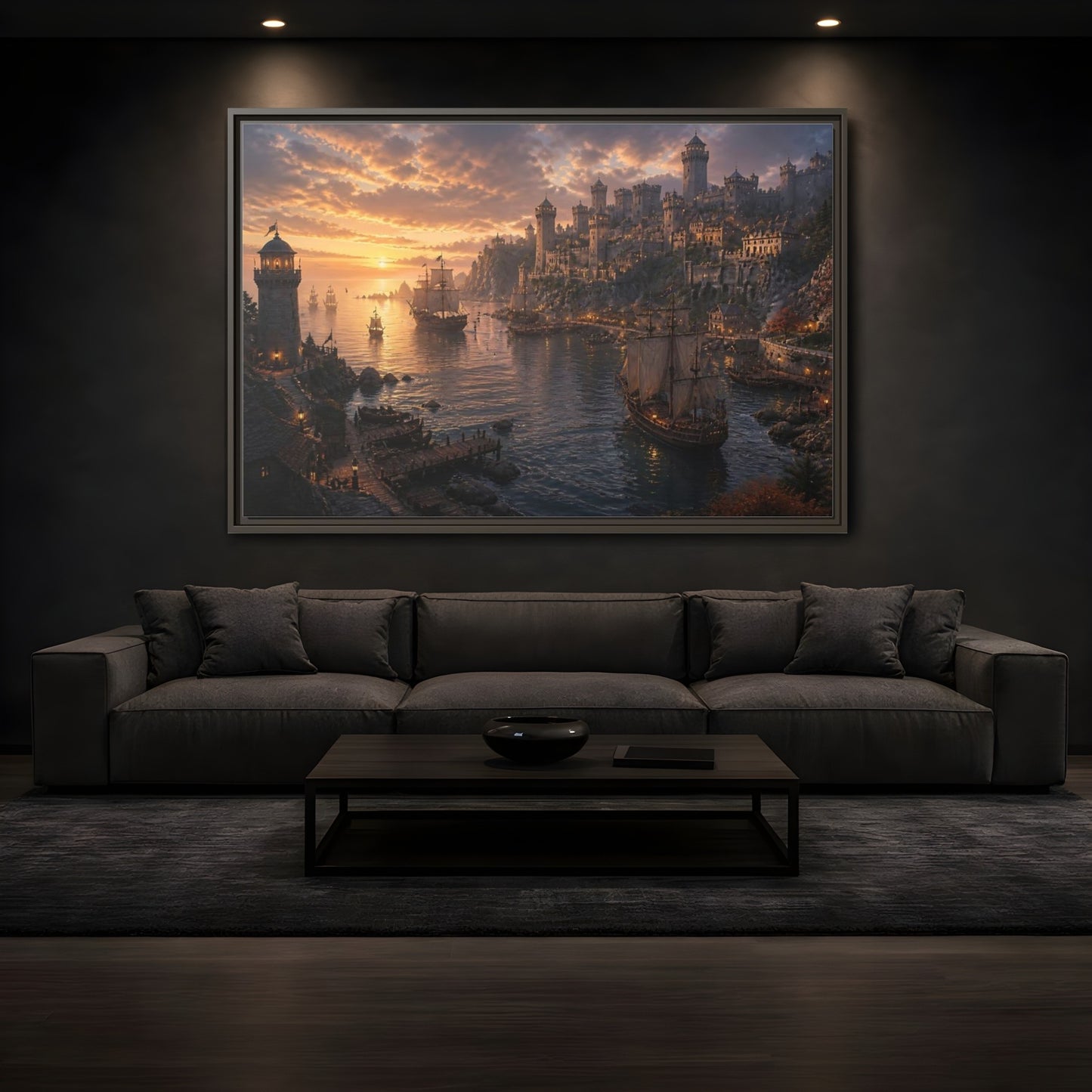 Mockup 3. Sunset Castle Harbor shown as framed canvas print