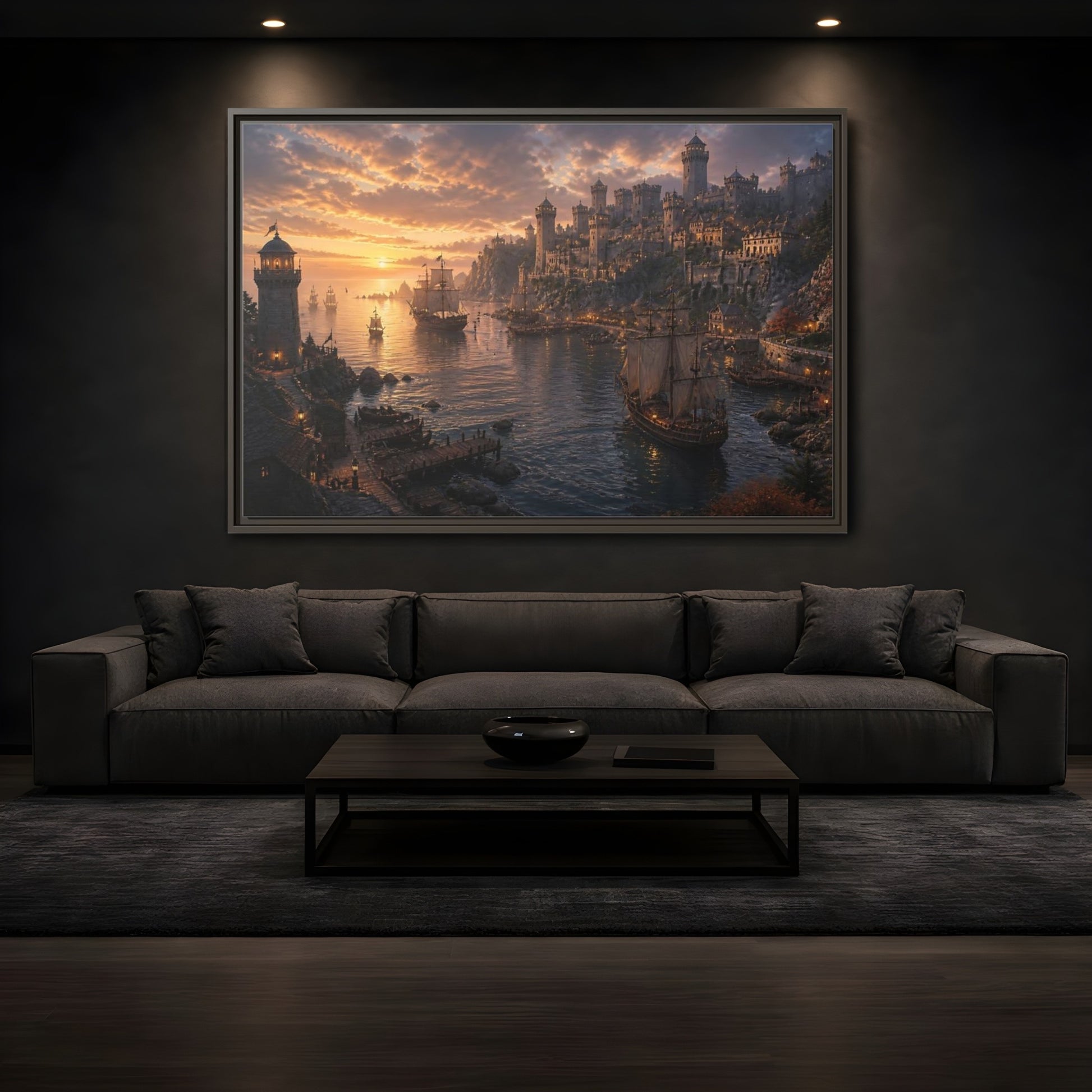 Mockup 3. Sunset Castle Harbor shown as framed canvas print
