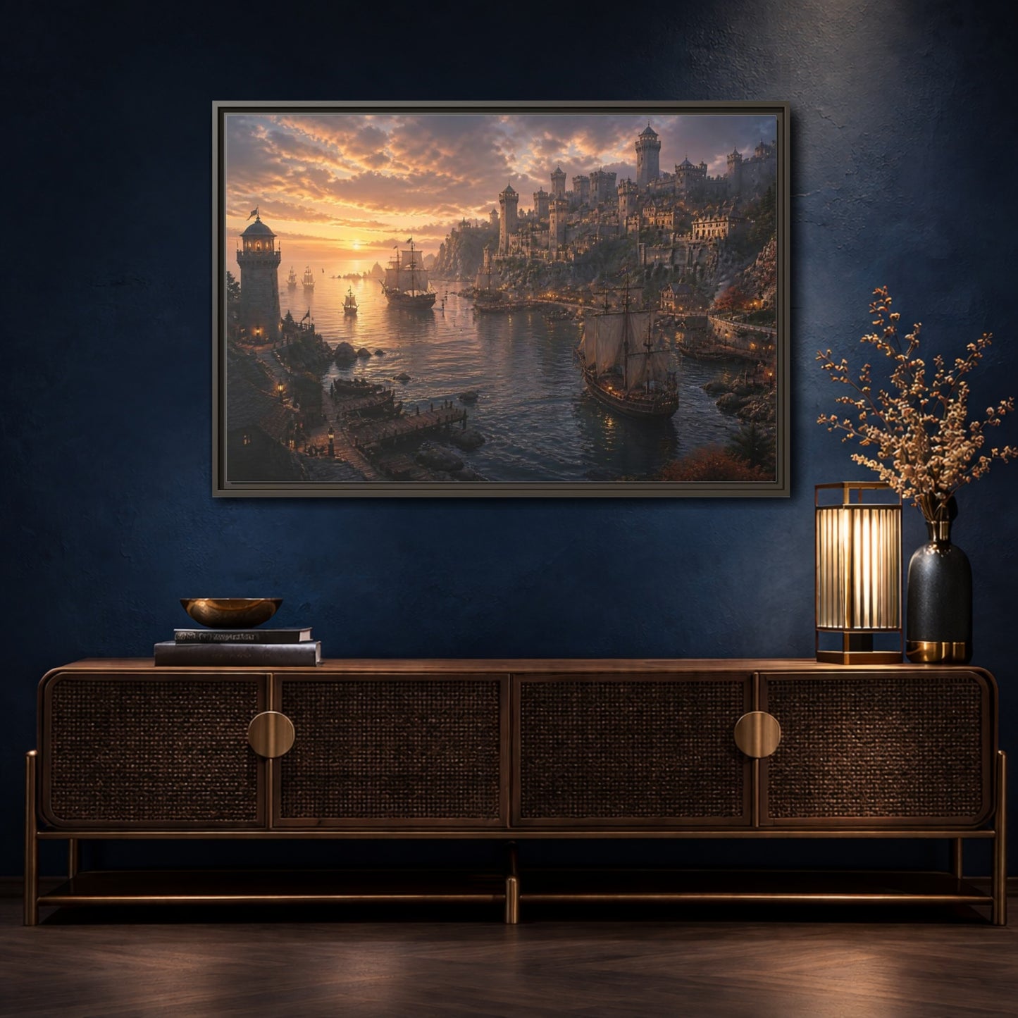 Mockup 4. Sunset Castle Harbor shown as framed canvas print