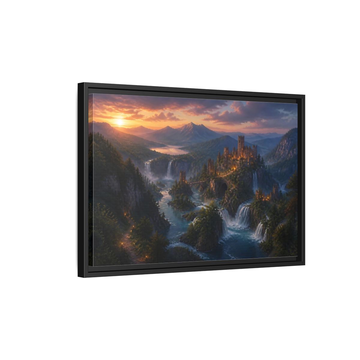 Side Mockup 3. Sunset Castle Over Waterfalls shown as framed canvas print