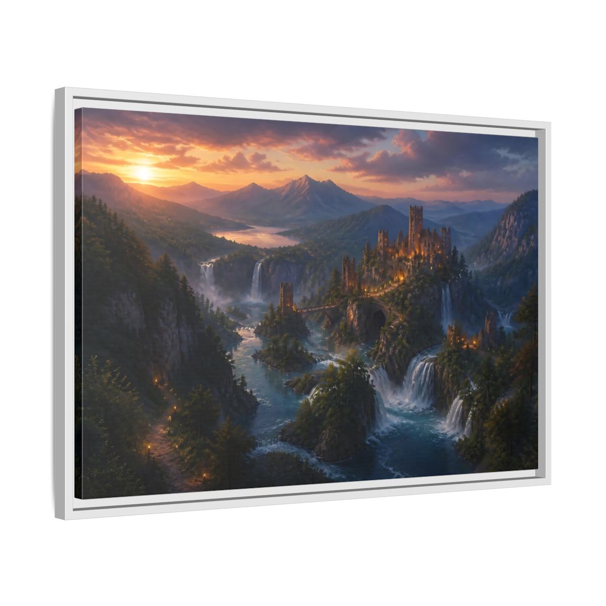 Side Mockup 10. Sunset Castle Over Waterfalls shown as framed canvas print