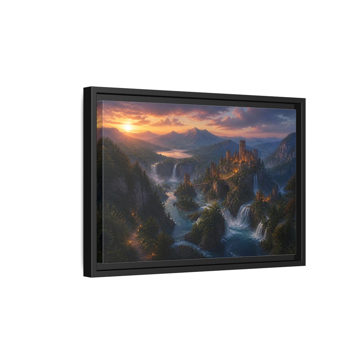 Side Mockup 6. Sunset Castle Over Waterfalls shown as framed canvas print