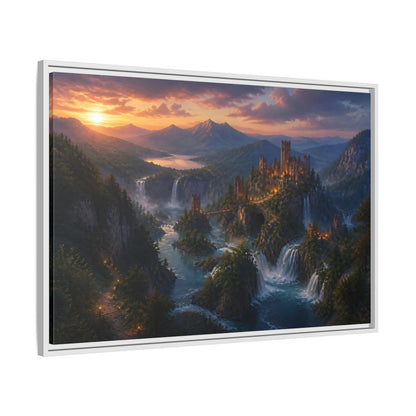 Side Mockup 9. Sunset Castle Over Waterfalls shown as framed canvas print