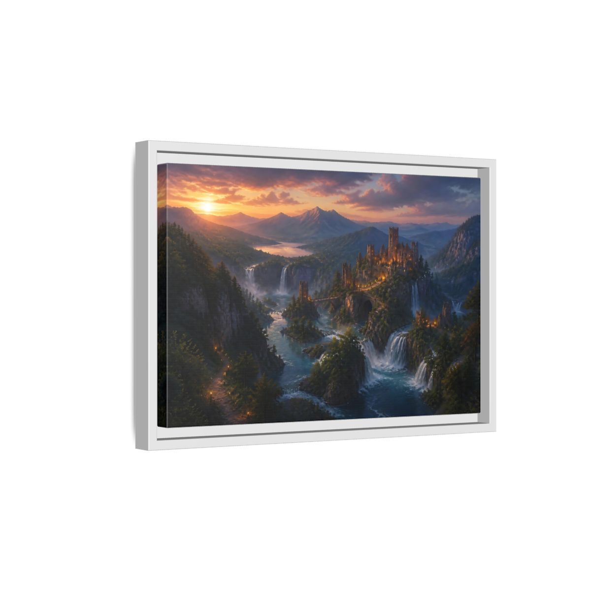 Side Mockup 4. Sunset Castle Over Waterfalls shown as framed canvas print
