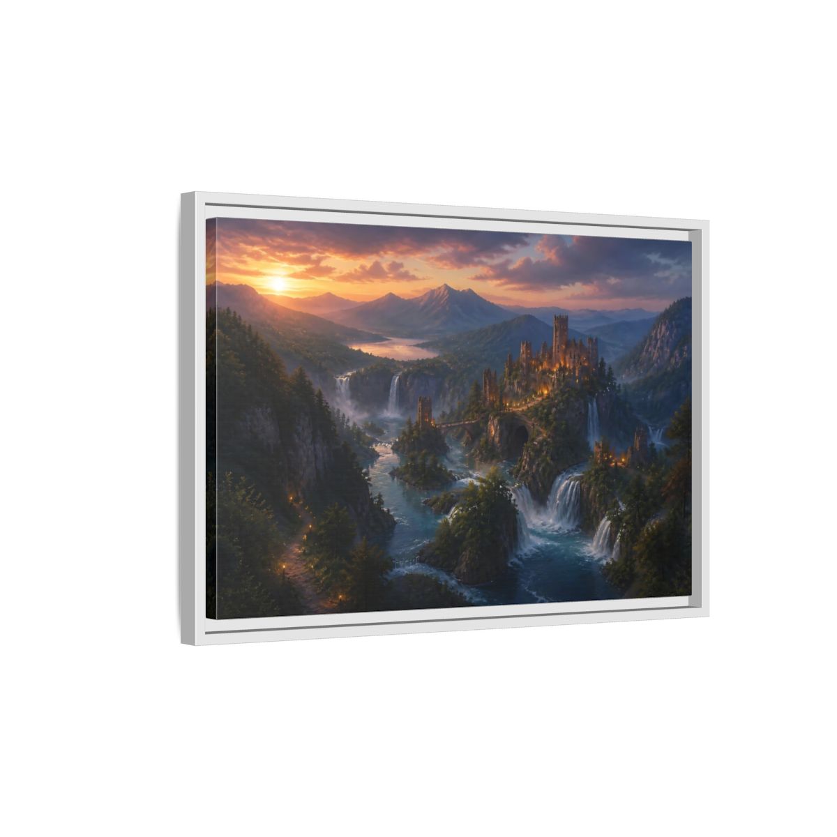 Side Mockup 1. Sunset Castle Over Waterfalls shown as framed canvas print