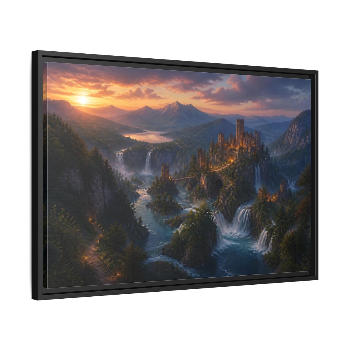 Side Mockup 14. Sunset Castle Over Waterfalls shown as framed canvas print