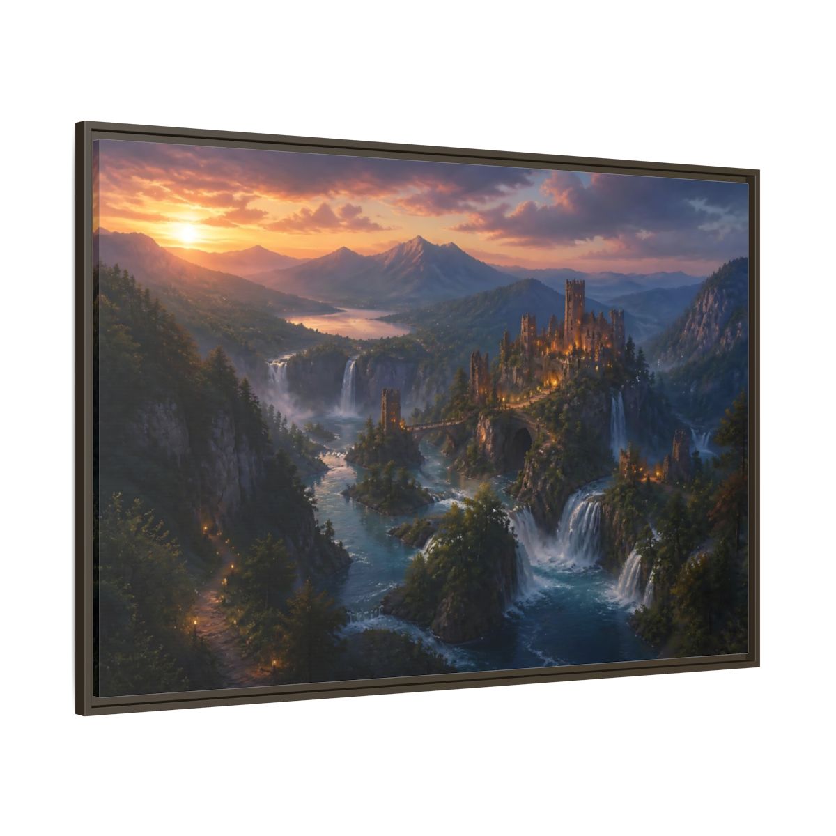 Side Mockup 8. Sunset Castle Over Waterfalls shown as framed canvas print