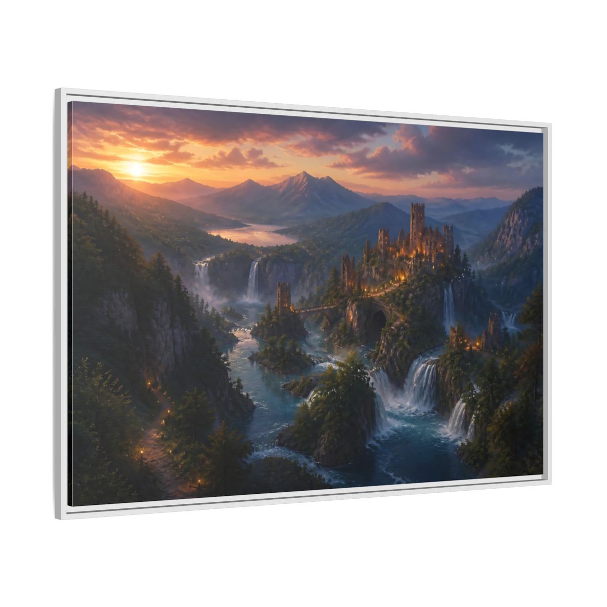 Side Mockup 7. Sunset Castle Over Waterfalls shown as framed canvas print