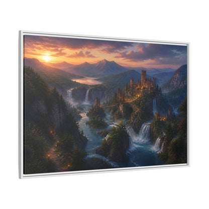 Side Mockup 7. Sunset Castle Over Waterfalls shown as framed canvas print