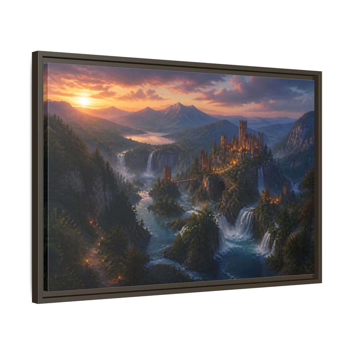 Side Mockup 11. Sunset Castle Over Waterfalls shown as framed canvas print
