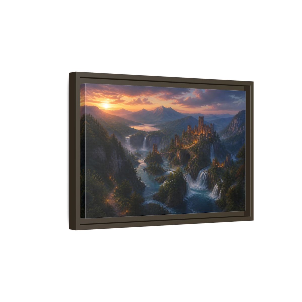 Side Mockup 5. Sunset Castle Over Waterfalls shown as framed canvas print