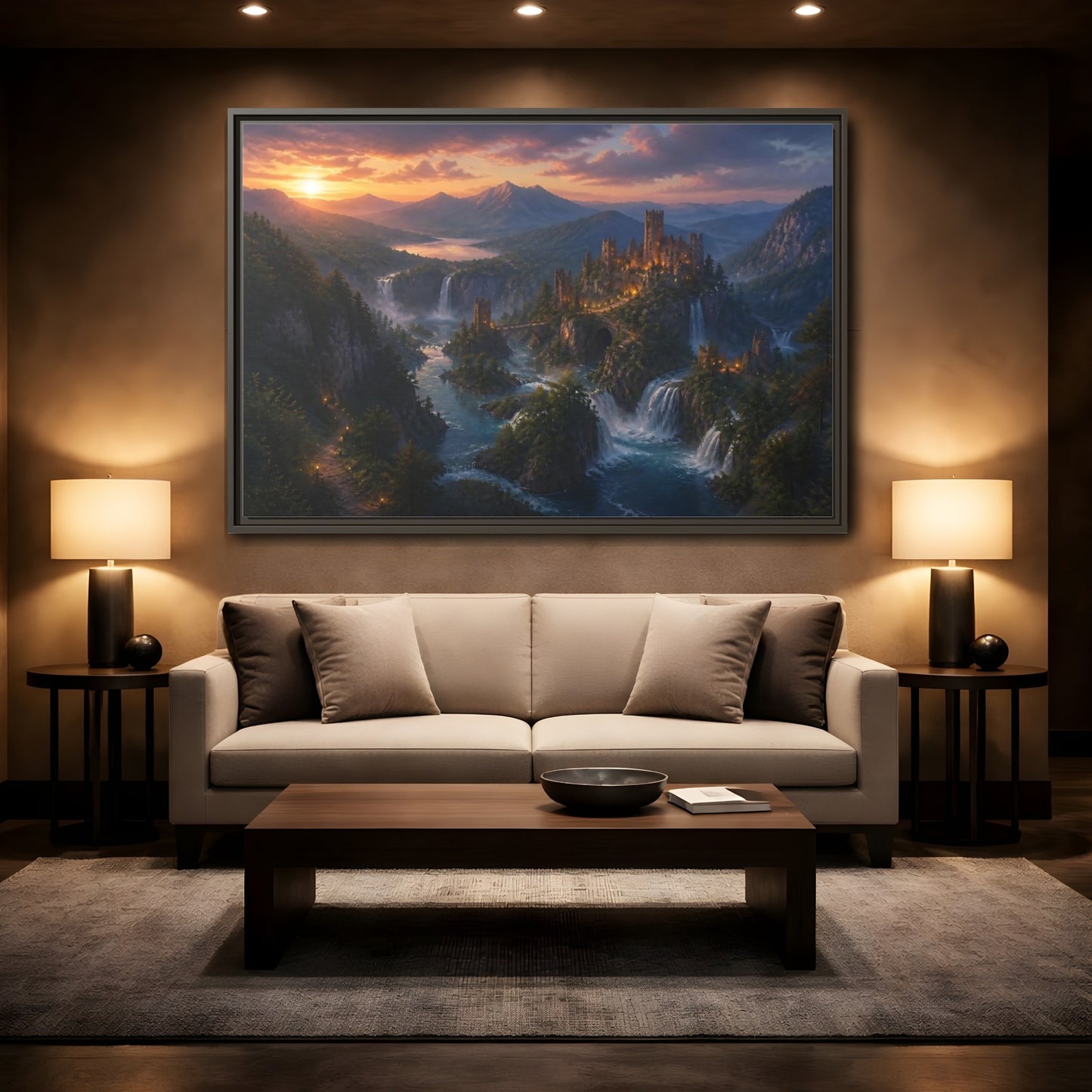 Mockup 2. Sunset Castle Over Waterfalls shown as framed canvas print