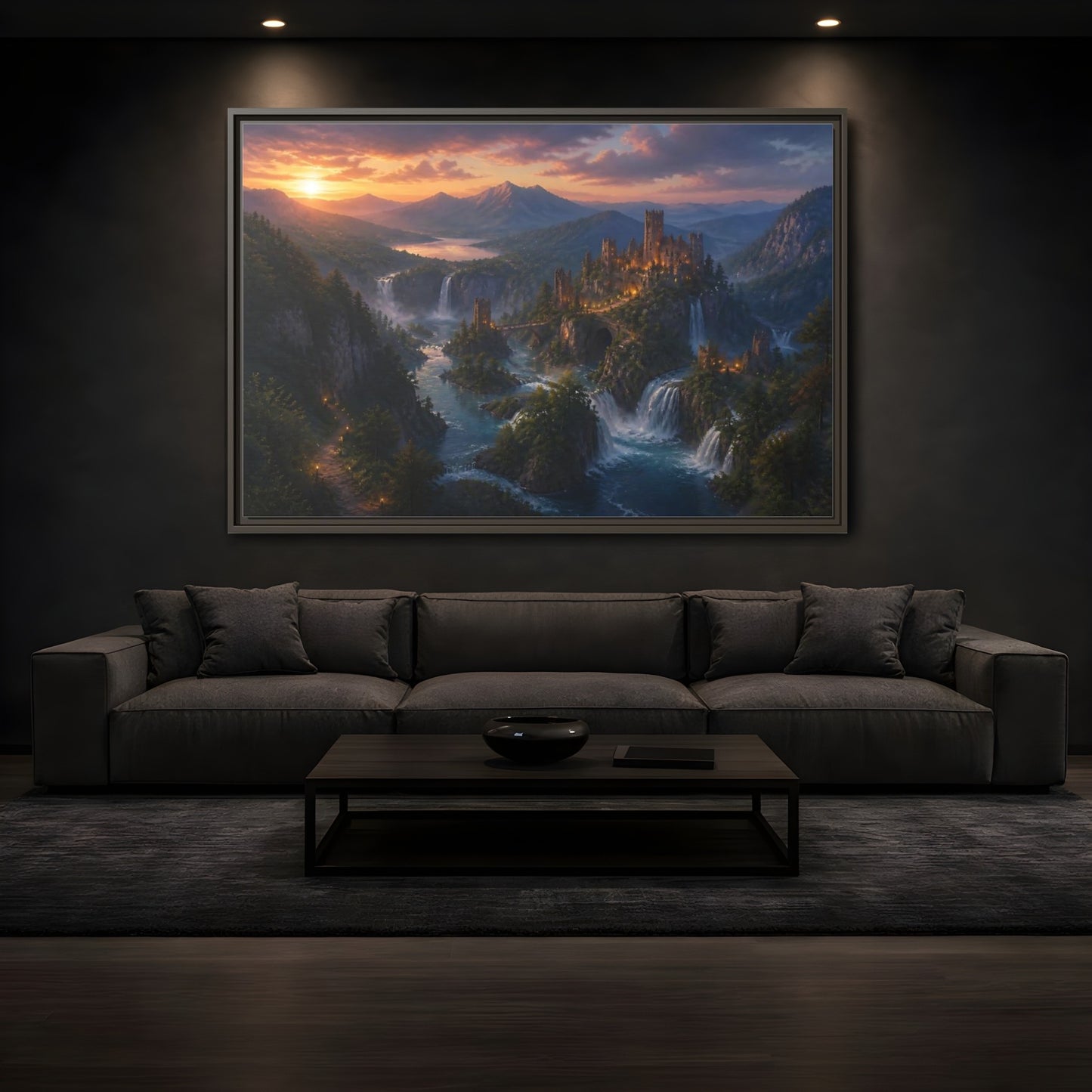 Mockup 3. Sunset Castle Over Waterfalls shown as framed canvas print