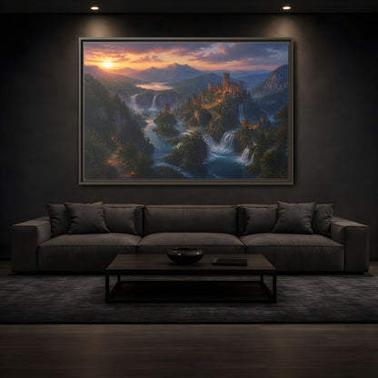 Mockup 3. Sunset Castle Over Waterfalls shown as framed canvas print