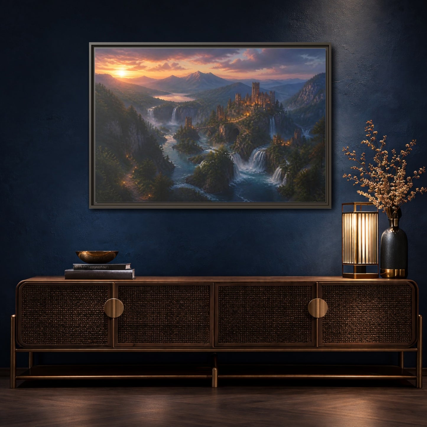 Mockup 4. Sunset Castle Over Waterfalls shown as framed canvas print