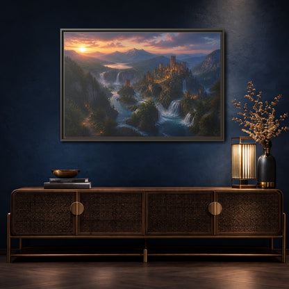 Mockup 4. Sunset Castle Over Waterfalls shown as framed canvas print