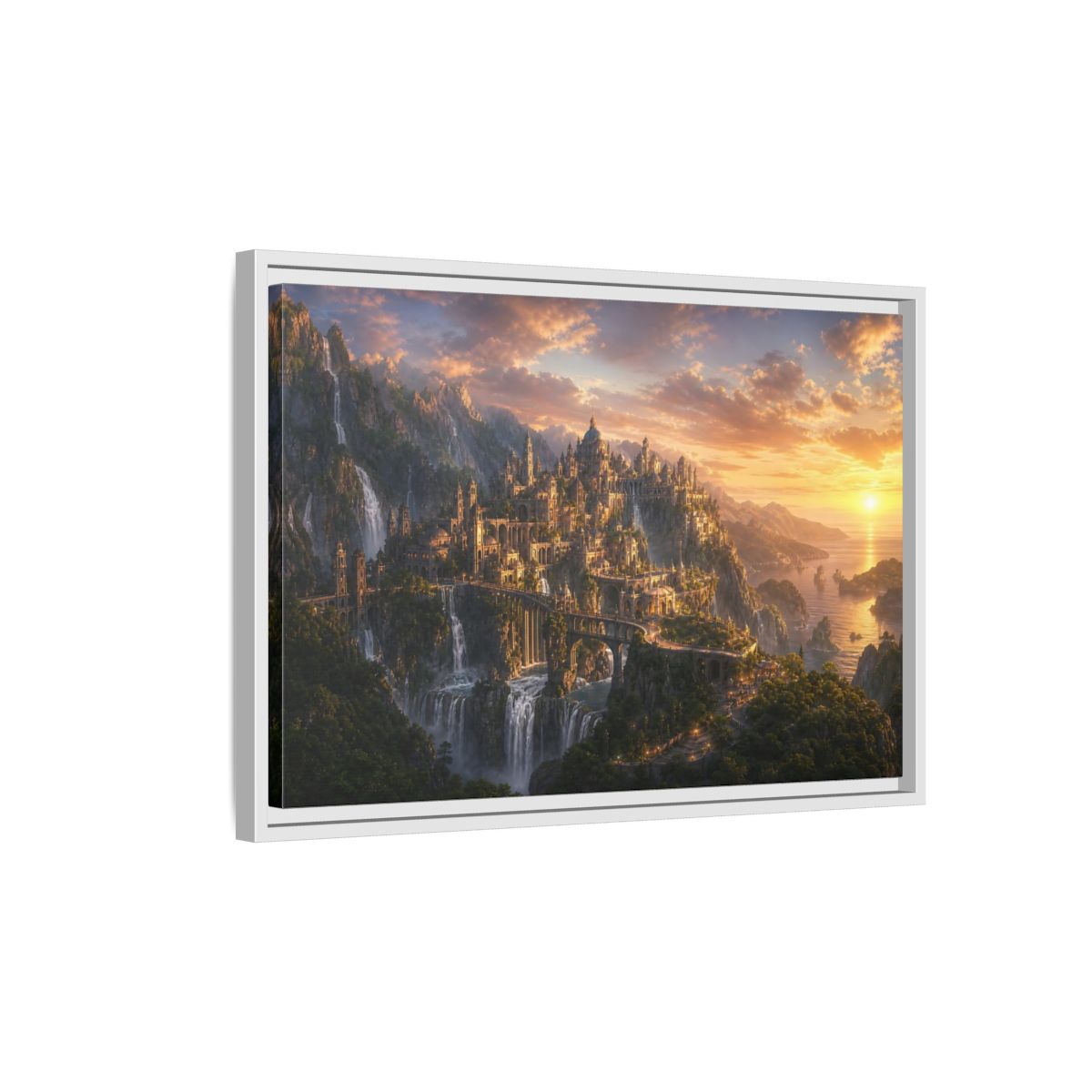 Side Mockup 1. Sunset Cliffside Citadel shown as framed canvas print