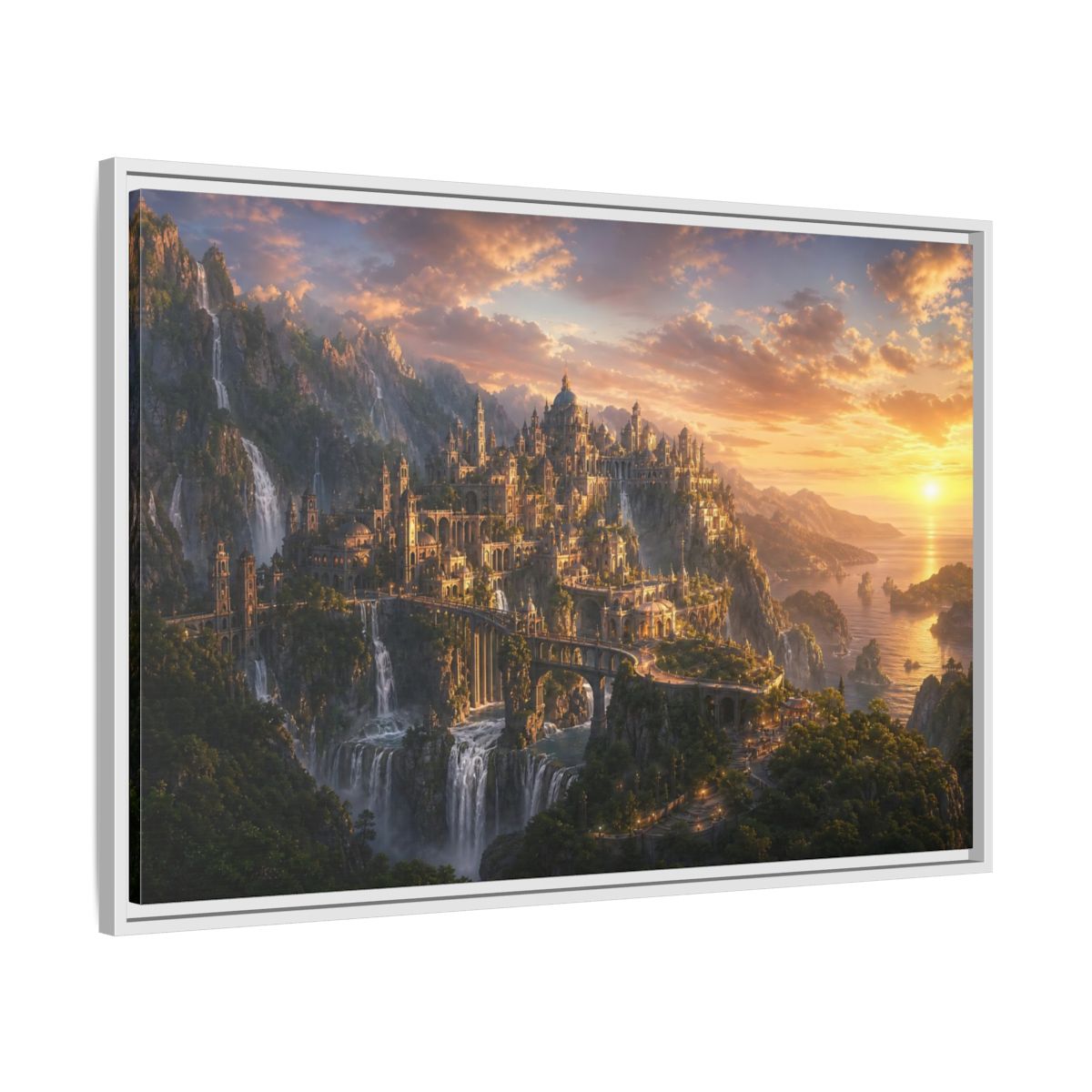 Side Mockup 9. Sunset Cliffside Citadel shown as framed canvas print