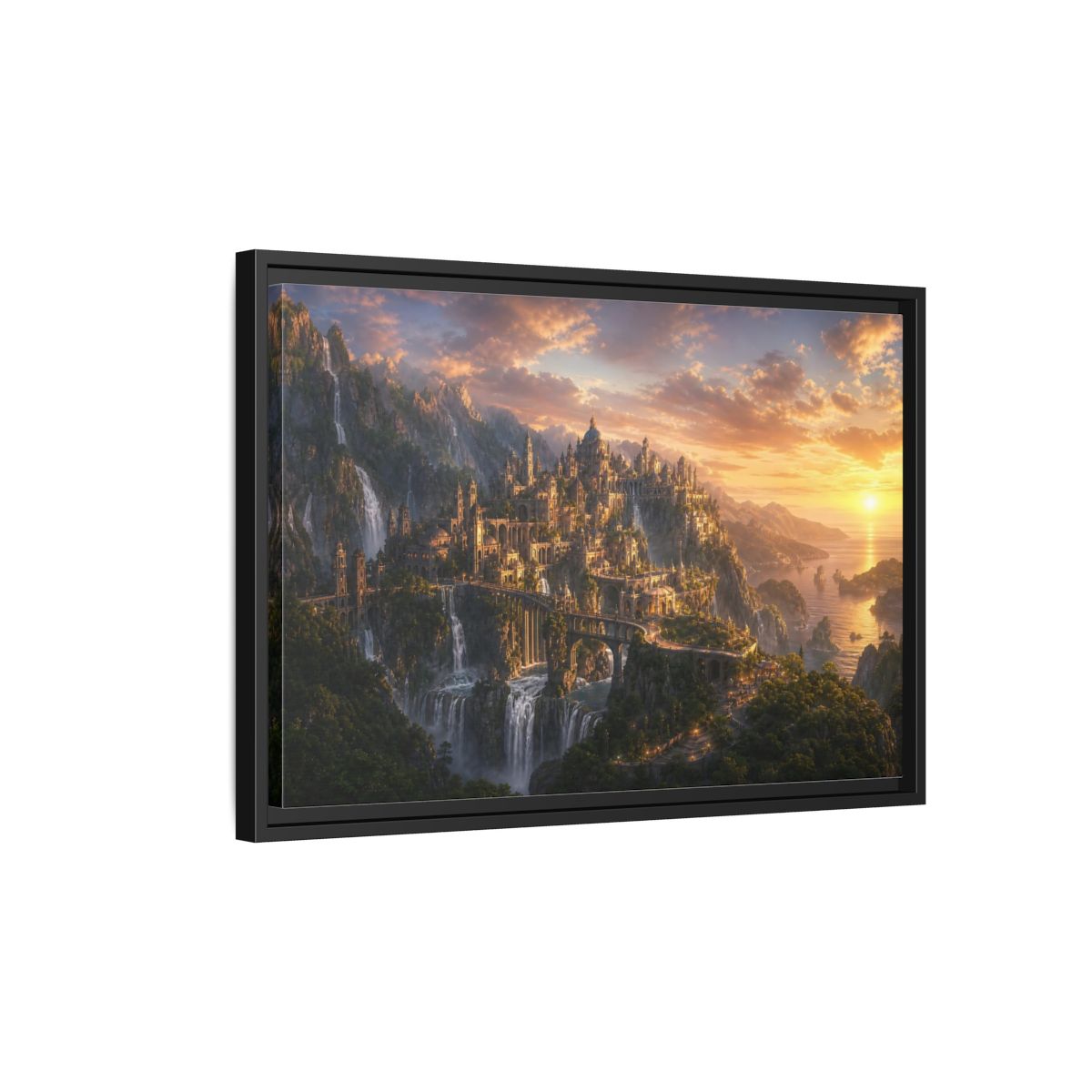 Side Mockup 3. Sunset Cliffside Citadel shown as framed canvas print