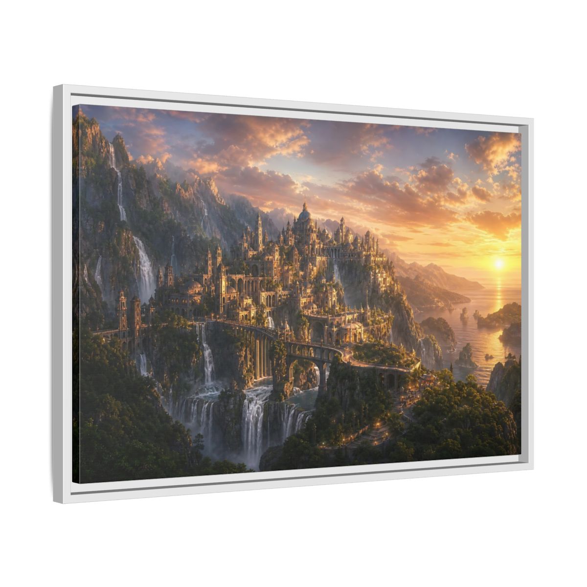 Side Mockup 10. Sunset Cliffside Citadel shown as framed canvas print