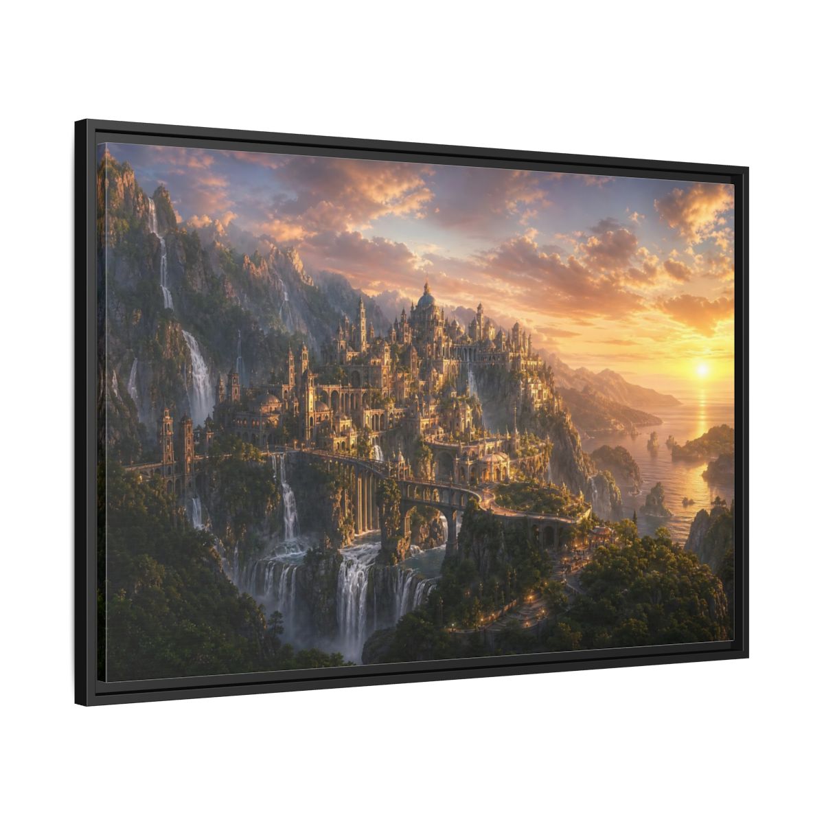 Side Mockup 13. Sunset Cliffside Citadel shown as framed canvas print