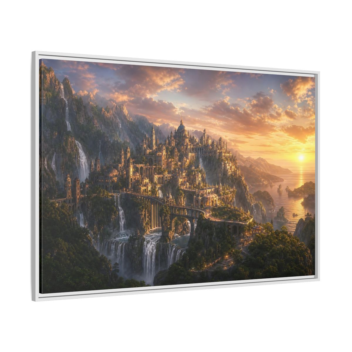 Side Mockup 7. Sunset Cliffside Citadel shown as framed canvas print