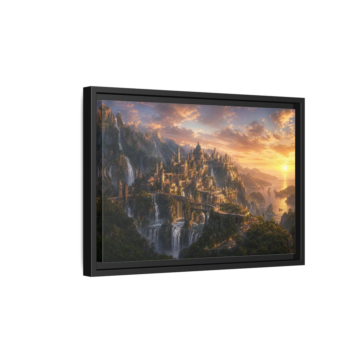 Side Mockup 6. Sunset Cliffside Citadel shown as framed canvas print