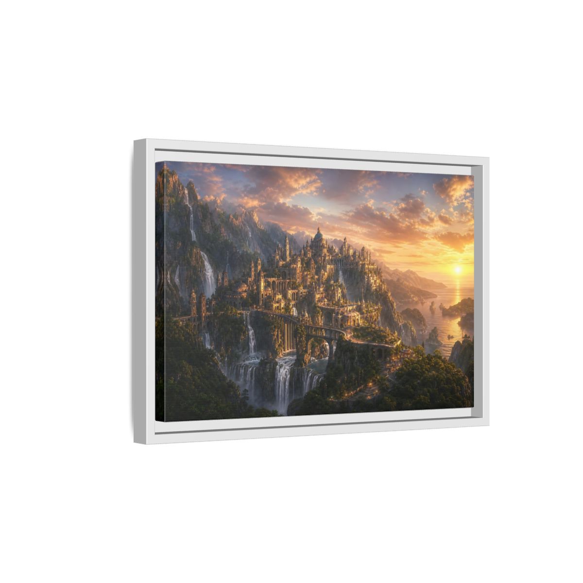 Side Mockup 4. Sunset Cliffside Citadel shown as framed canvas print