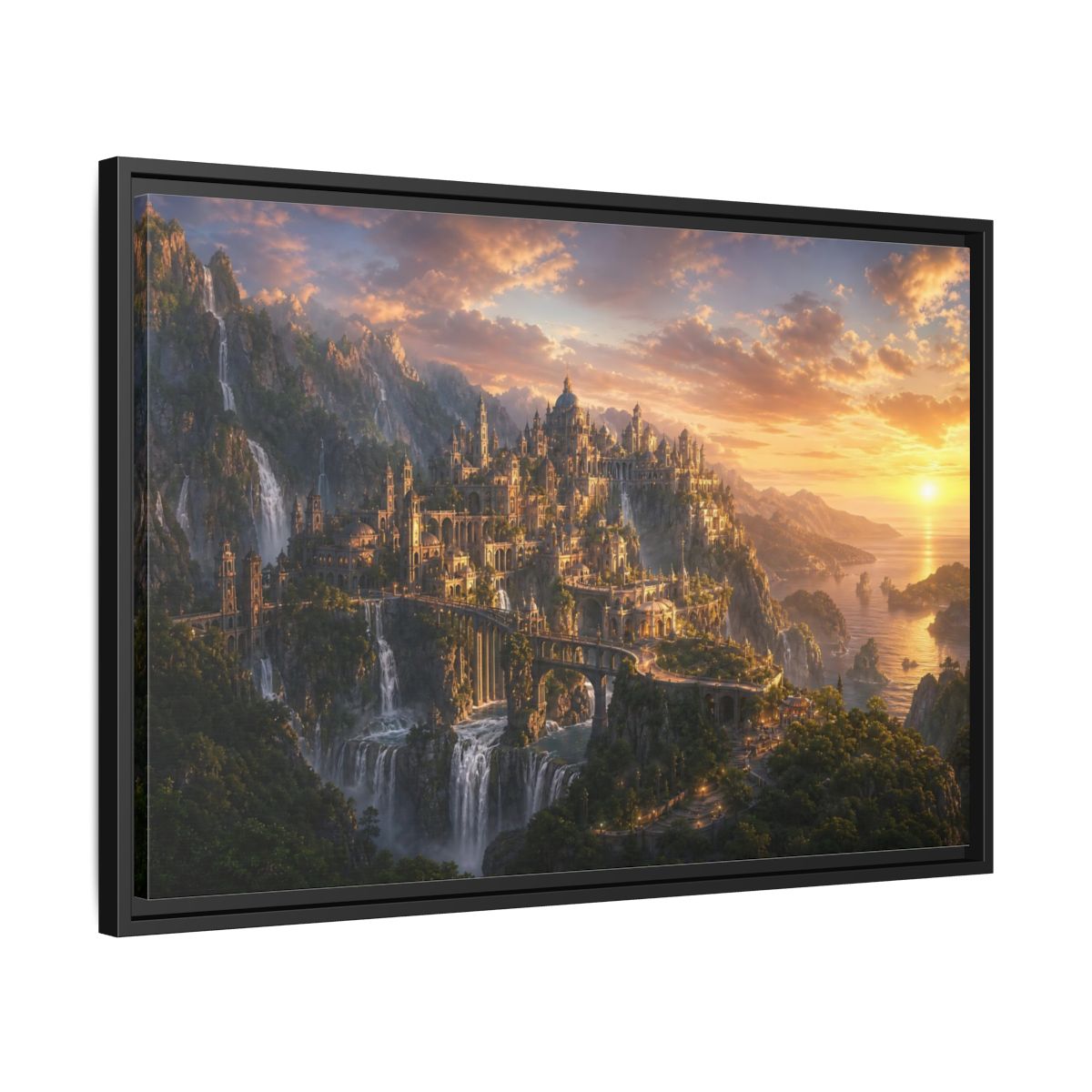Side Mockup 14. Sunset Cliffside Citadel shown as framed canvas print
