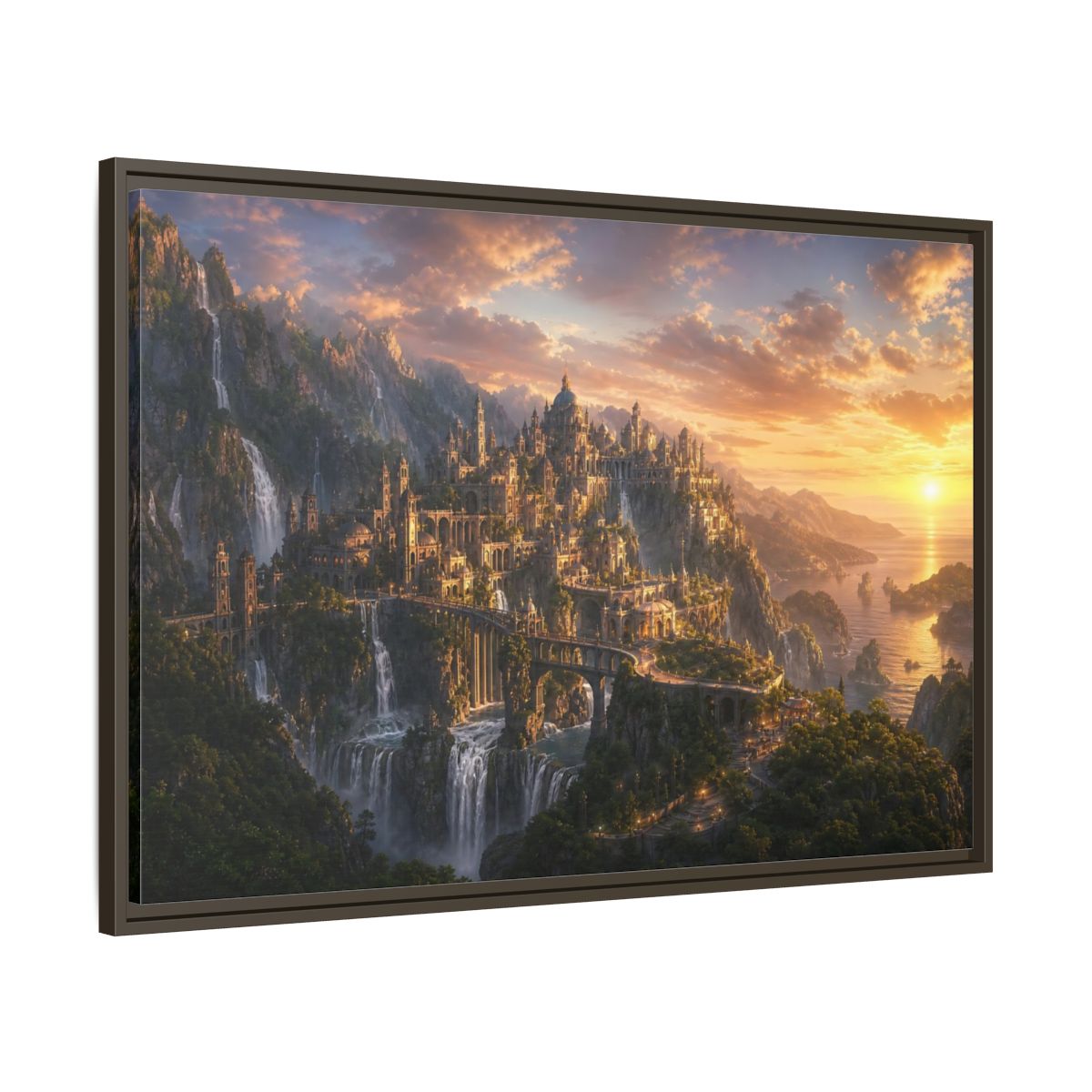 Main Mockup. Sunset Cliffside Citadel shown as framed canvas print