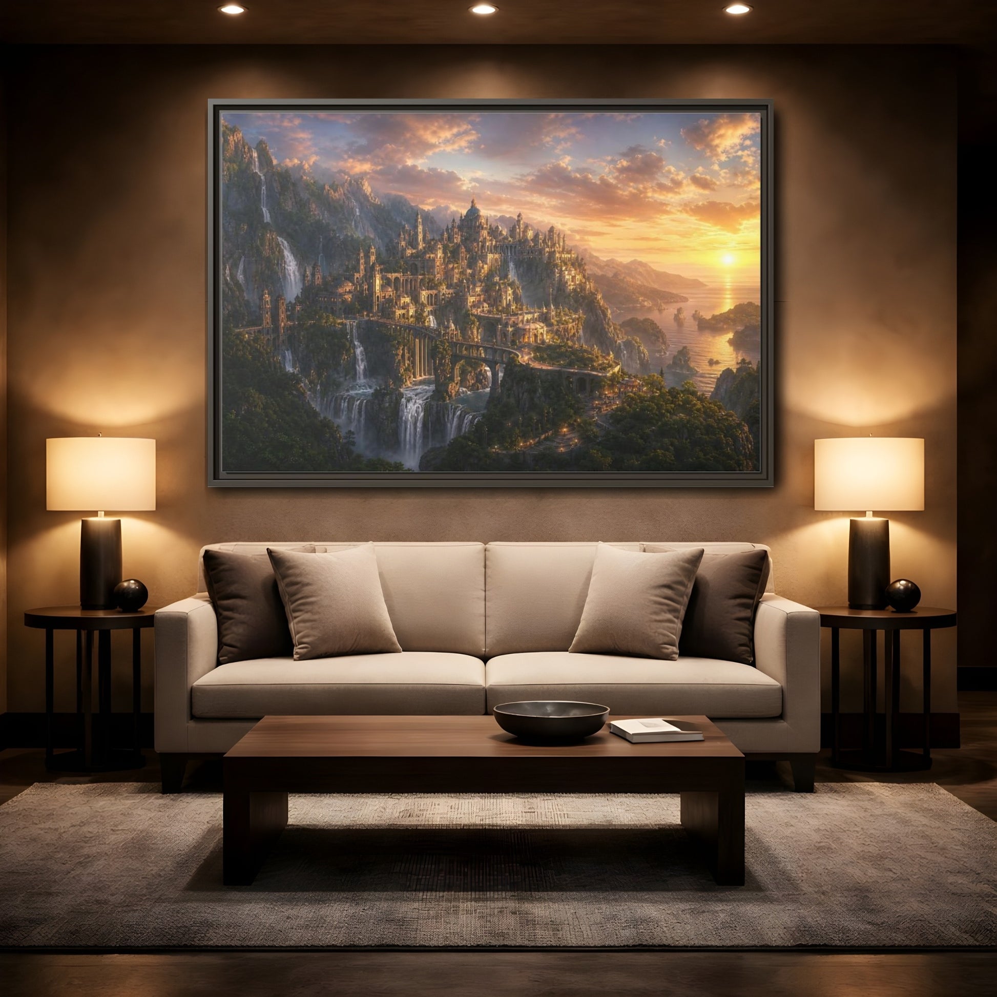Mockup 2. Sunset Cliffside Citadel shown as framed canvas print