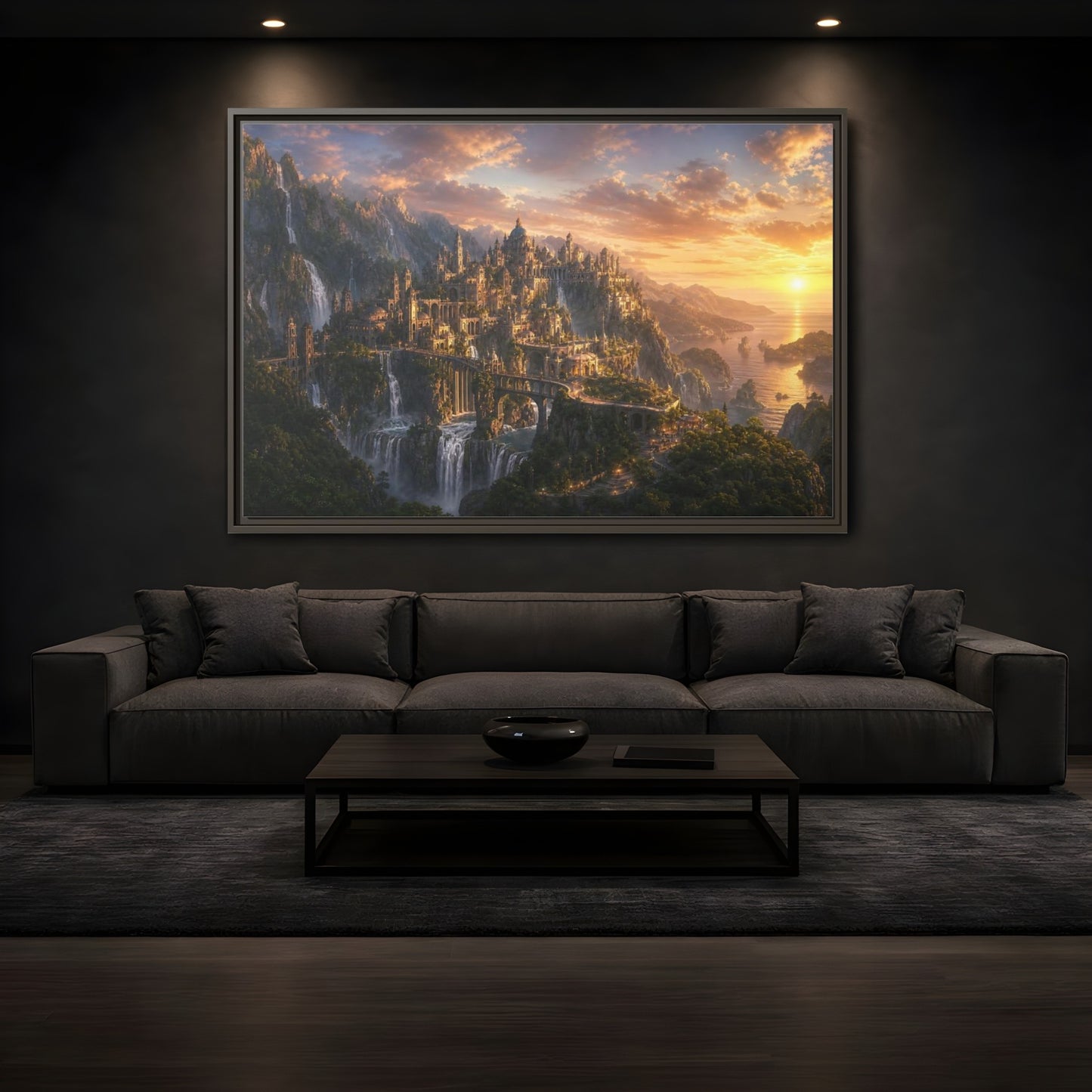 Mockup 3. Sunset Cliffside Citadel shown as framed canvas print
