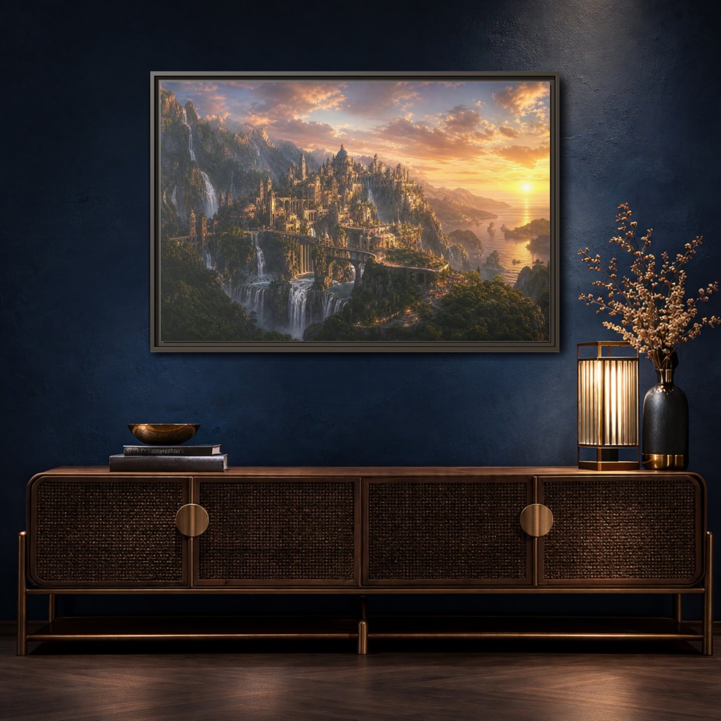 Mockup 4. Sunset Cliffside Citadel shown as framed canvas print