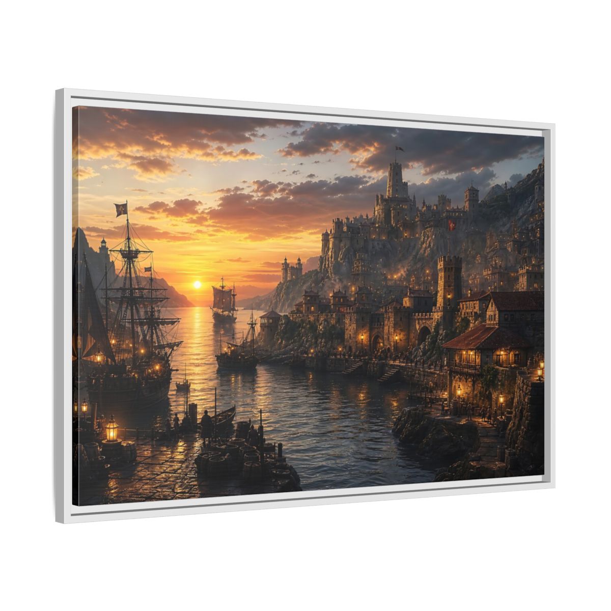 Side Mockup 9. Sunset Coastal Citadel shown as framed canvas print