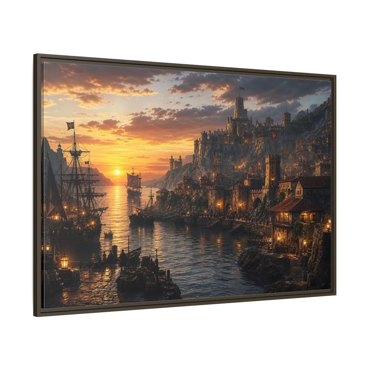 Side Mockup 8. Sunset Coastal Citadel shown as framed canvas print