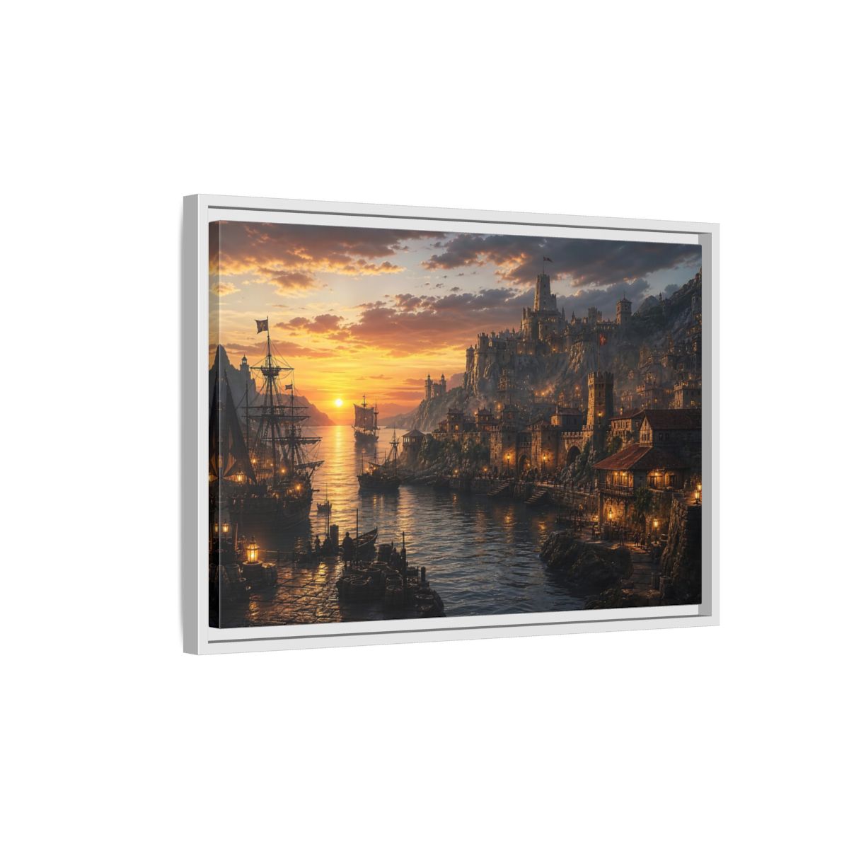 Side Mockup 1. Sunset Coastal Citadel shown as framed canvas print