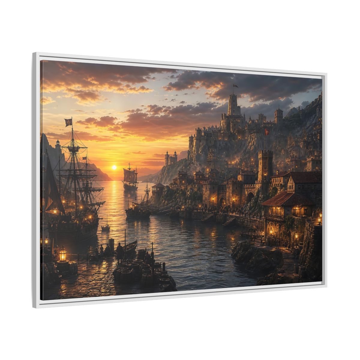 Side Mockup 7. Sunset Coastal Citadel shown as framed canvas print