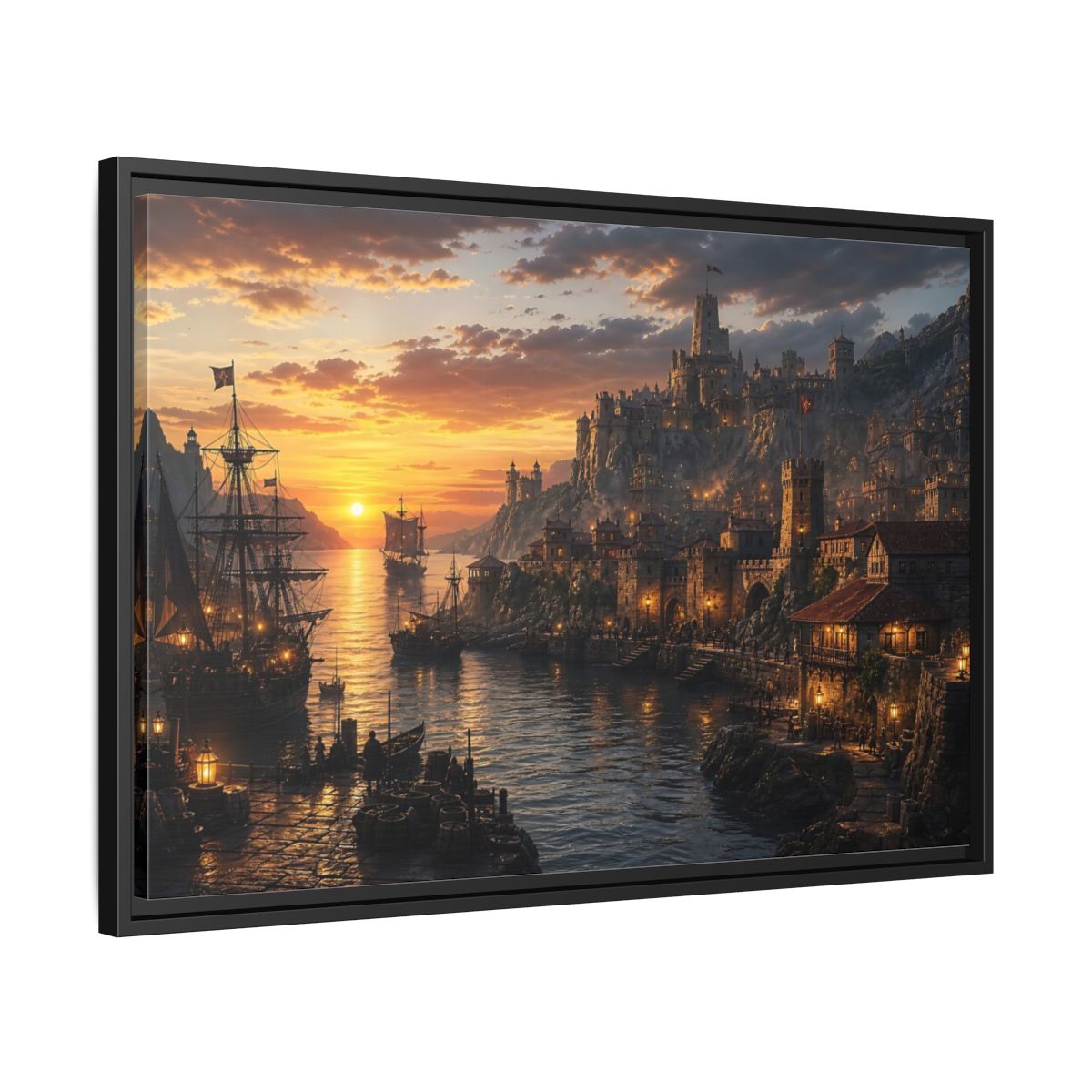 Side Mockup 14. Sunset Coastal Citadel shown as framed canvas print