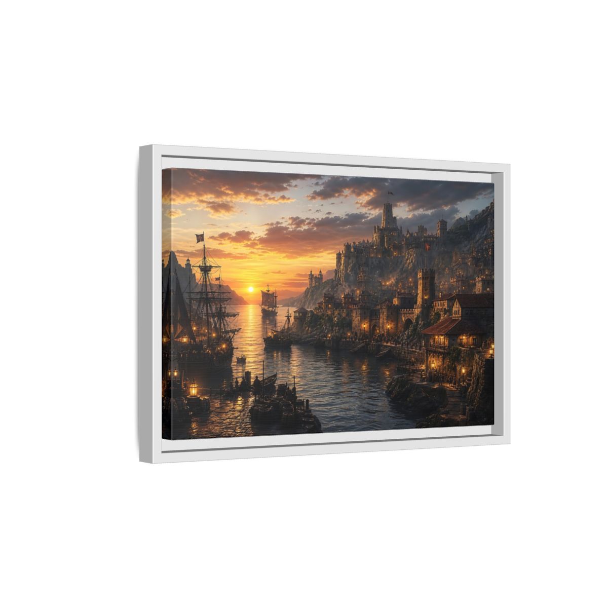 Side Mockup 4. Sunset Coastal Citadel shown as framed canvas print