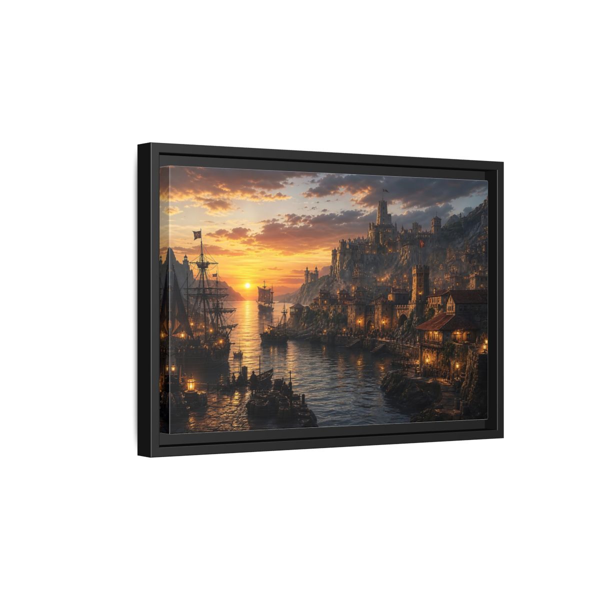 Side Mockup 6. Sunset Coastal Citadel shown as framed canvas print
