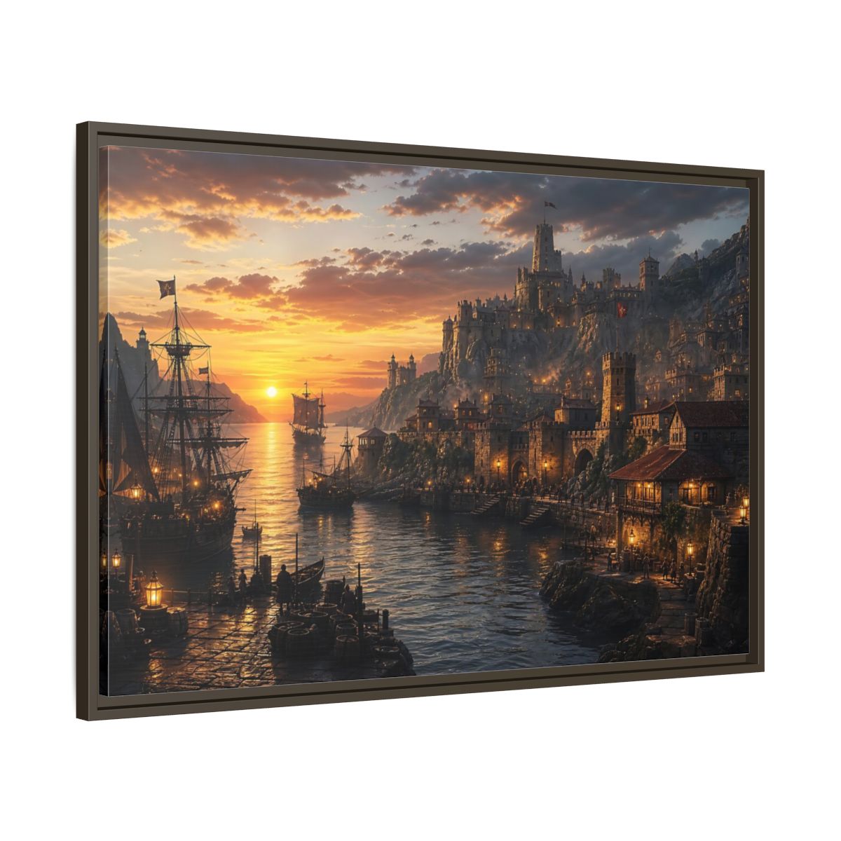 Main Mockup. Sunset Coastal Citadel shown as framed canvas print