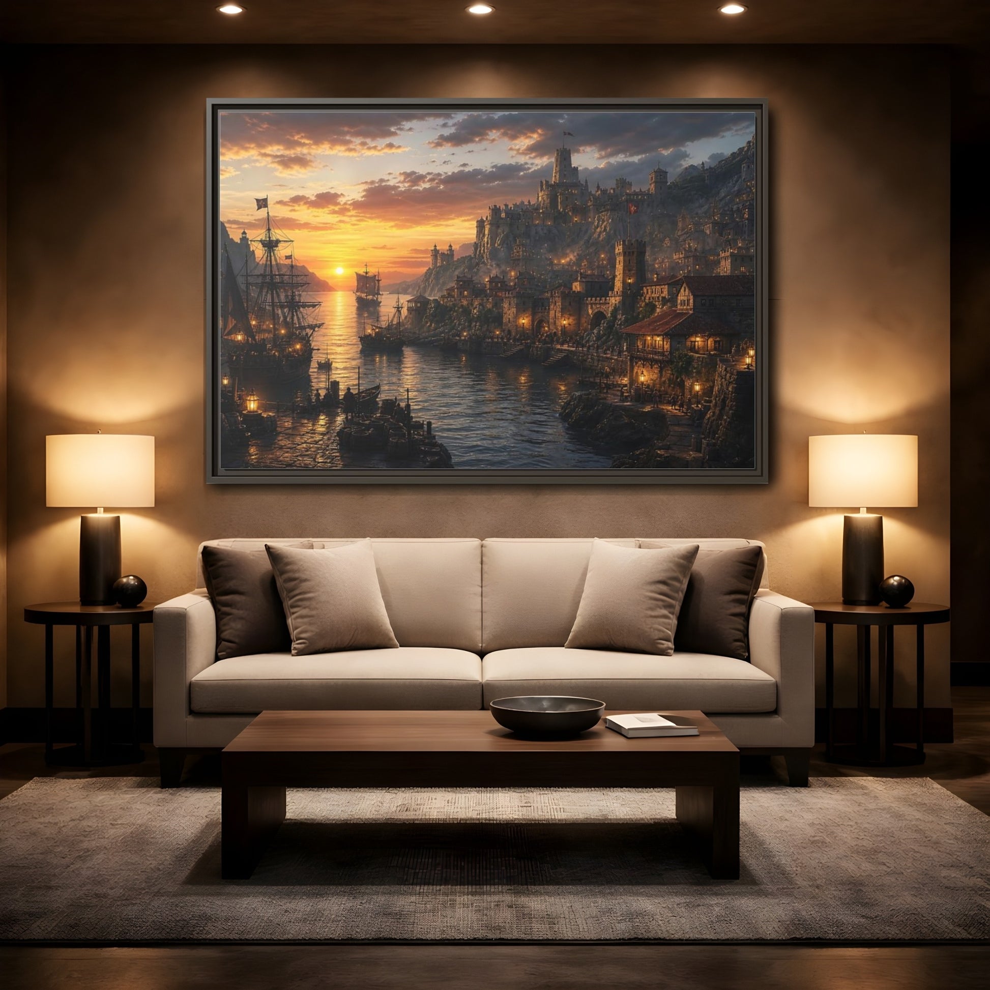 Mockup 2. Sunset Coastal Citadel shown as framed canvas print