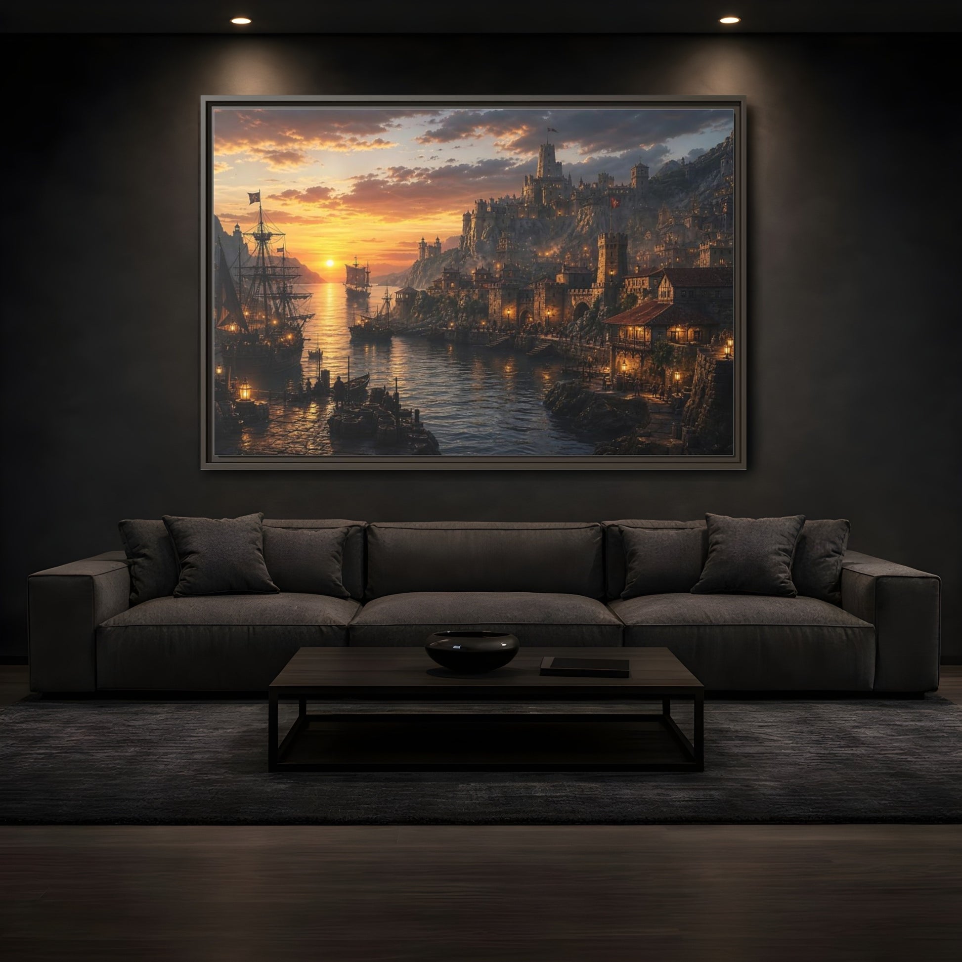 Mockup 3. Sunset Coastal Citadel shown as framed canvas print