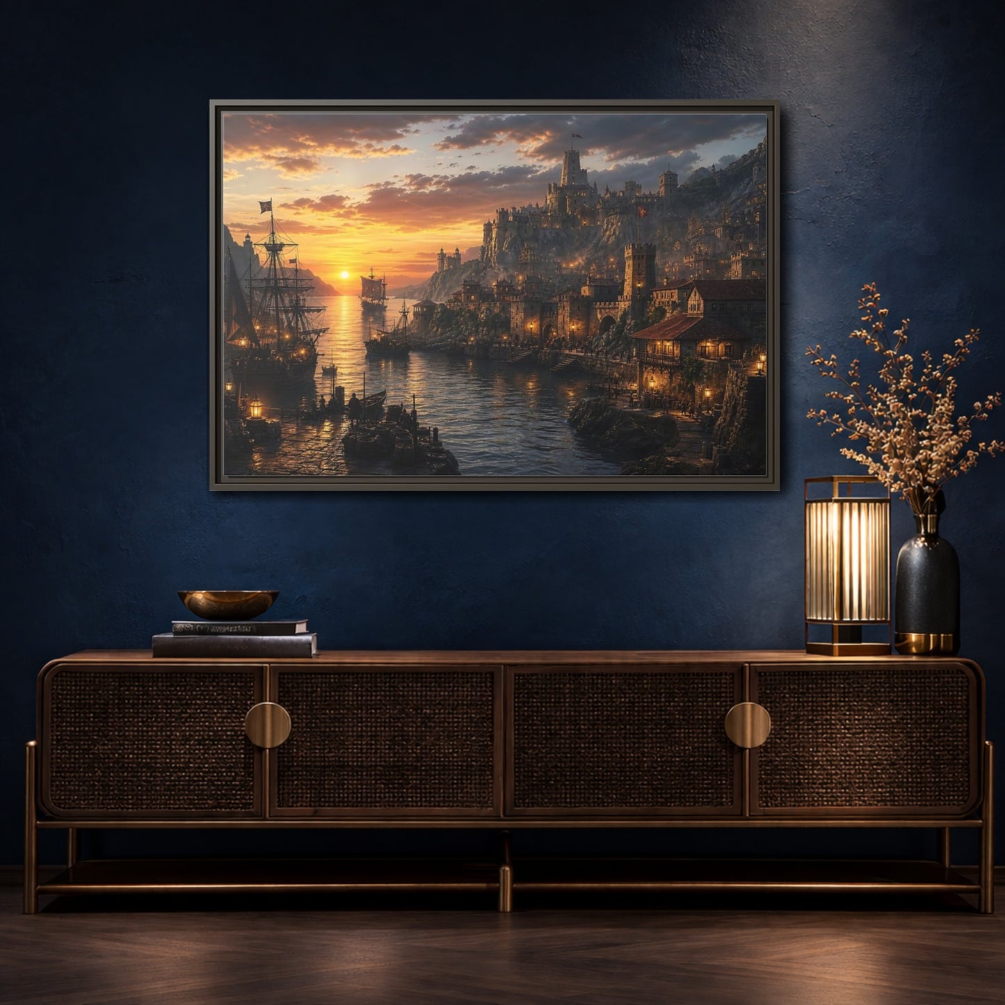 Mockup 4. Sunset Coastal Citadel shown as framed canvas print