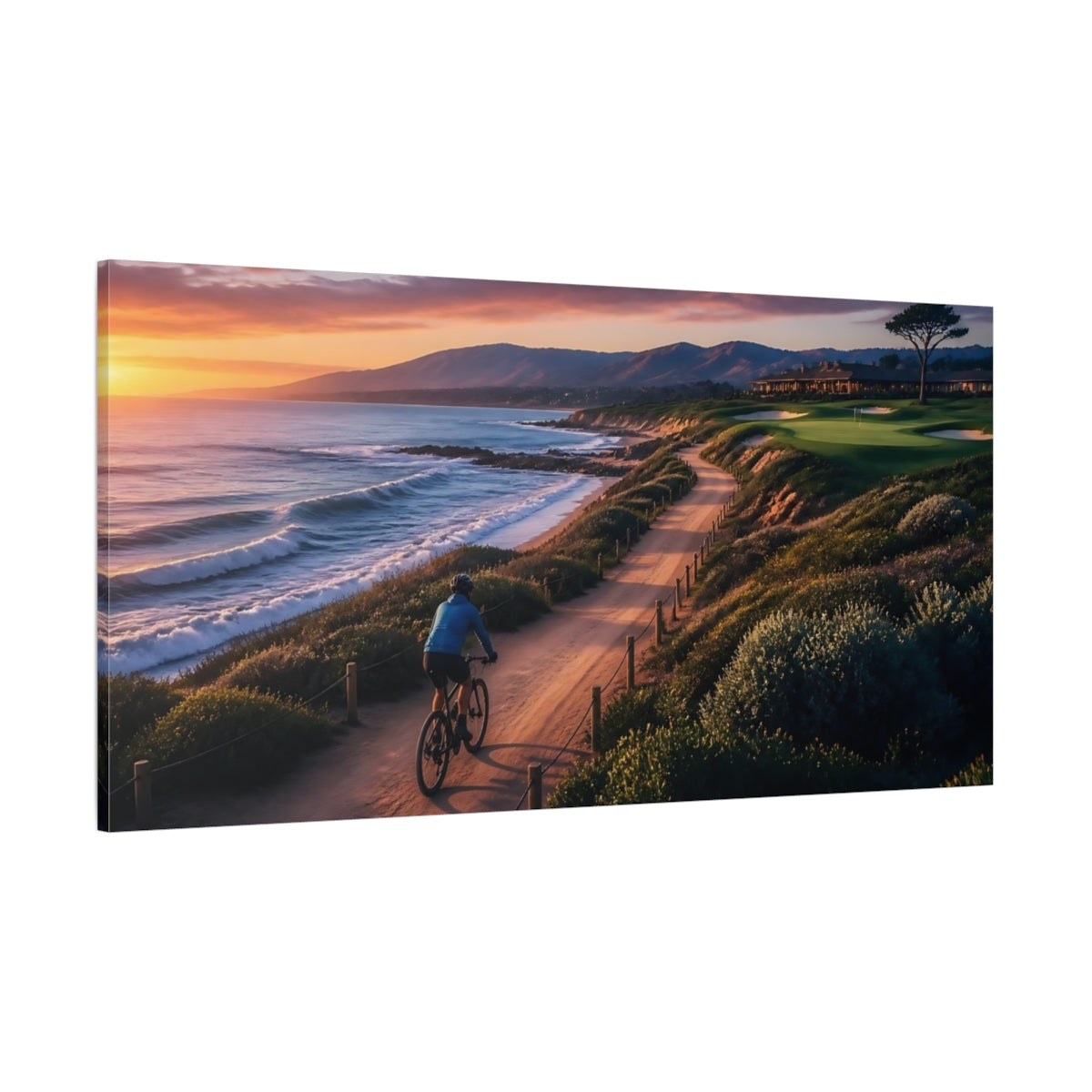 Side Mockup 2. Sunset Coastal Cyclist shown as canvas print