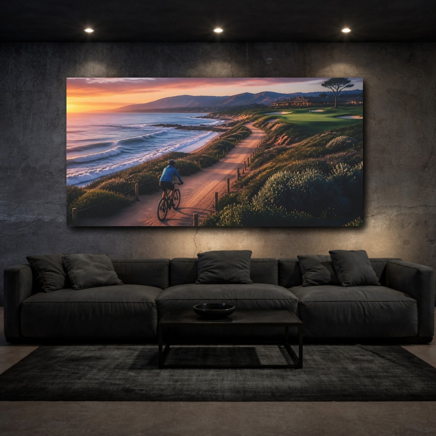 Mockup 3. Sunset Coastal Cyclist shown as canvas print