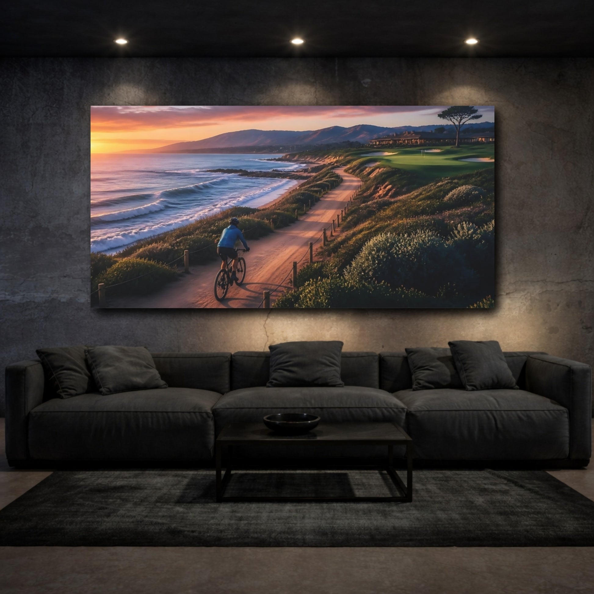 Mockup 3. Sunset Coastal Cyclist shown as canvas print